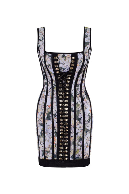 ALLURING FLORAL MINI DRESS WITH BOLD LACE-UP HOOK CLOSURE
