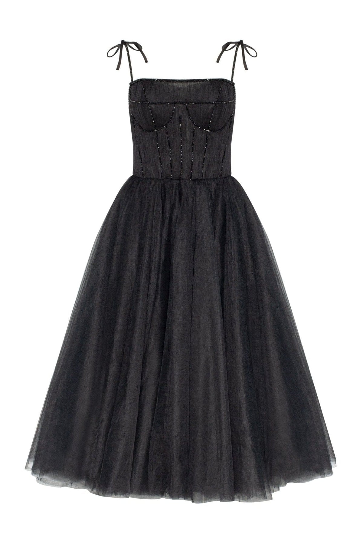 BLACK TIE-STRAP COCKTAIL DRESS WITH THE ELEGANT CORSET EMBROIDERY