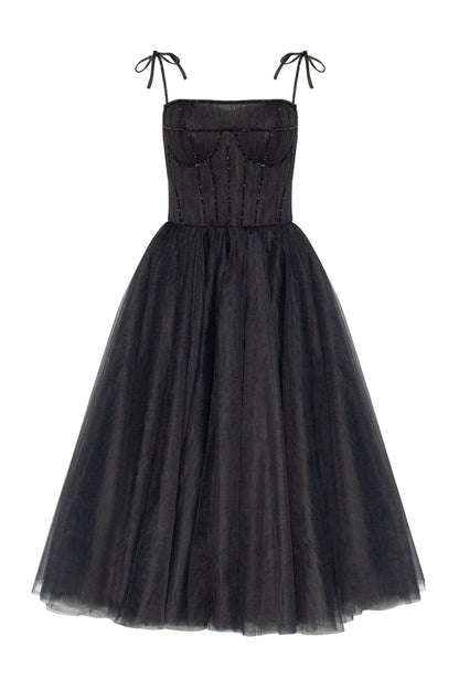 BLACK TIE-STRAP COCKTAIL DRESS WITH THE ELEGANT CORSET EMBROIDERY