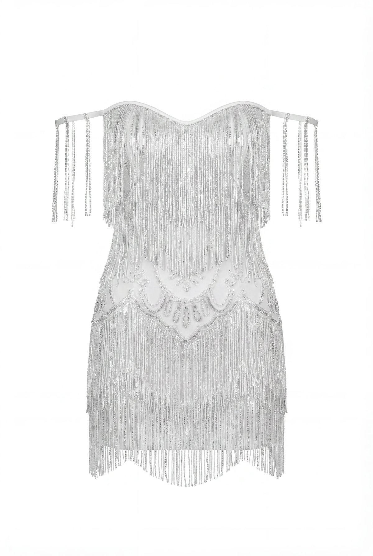 IVORY MINI DRESS WITH SILVER FRINGE