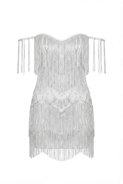 IVORY MINI DRESS WITH SILVER FRINGE
