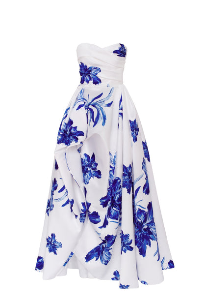 WONDERFUL WHITE A-LINE MAXI DRESS WITH BLUE FLOWERS, GLOW-UP