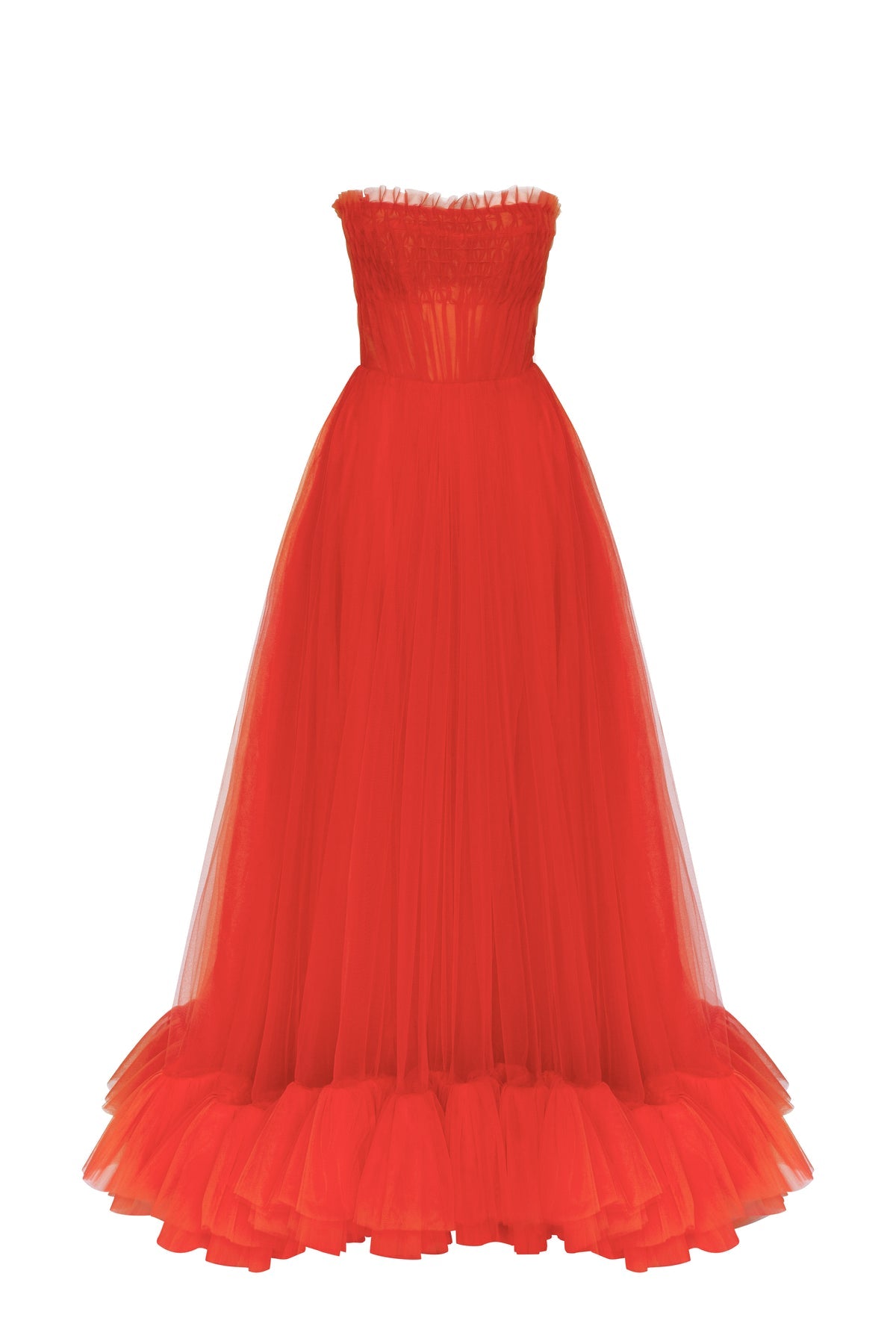 AIRY TULLE MAXI DRESS IN FIERY CORAL