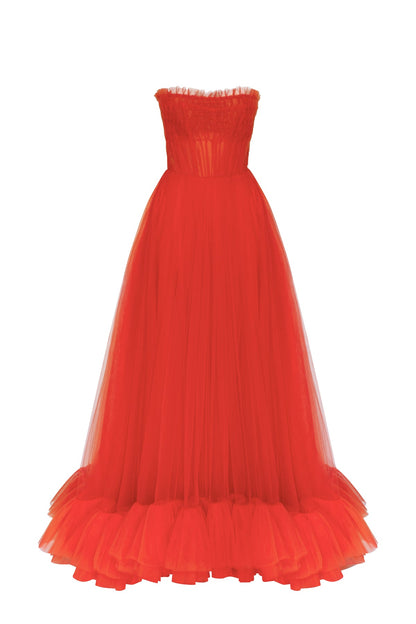 AIRY TULLE MAXI DRESS IN FIERY CORAL