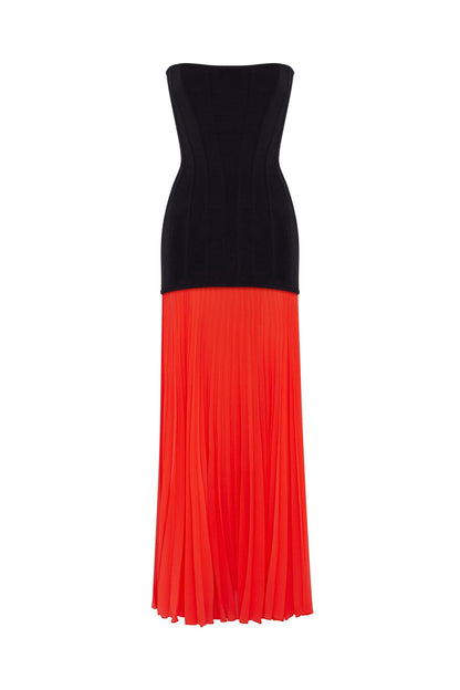 BLACK&CORAL DRESS WITH A PLEATED SKIRT, PARISIENNE