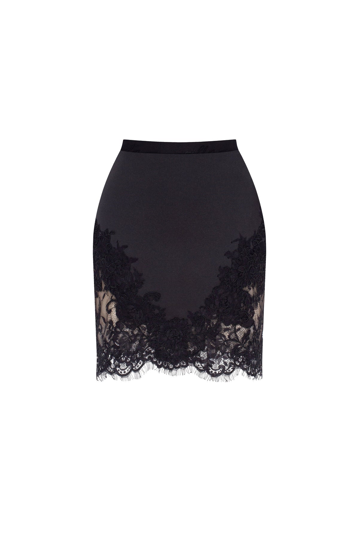 FITTED OBSIDIAN MINI SKIRT ADORNED WITH LACE, PARISIENNE
