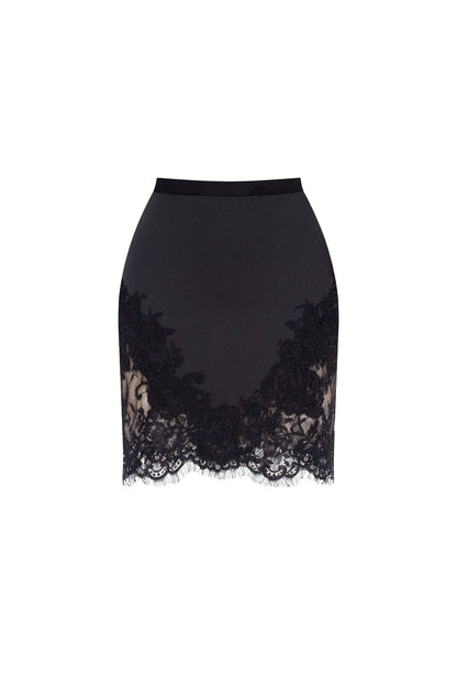 FITTED OBSIDIAN MINI SKIRT ADORNED WITH LACE, PARISIENNE