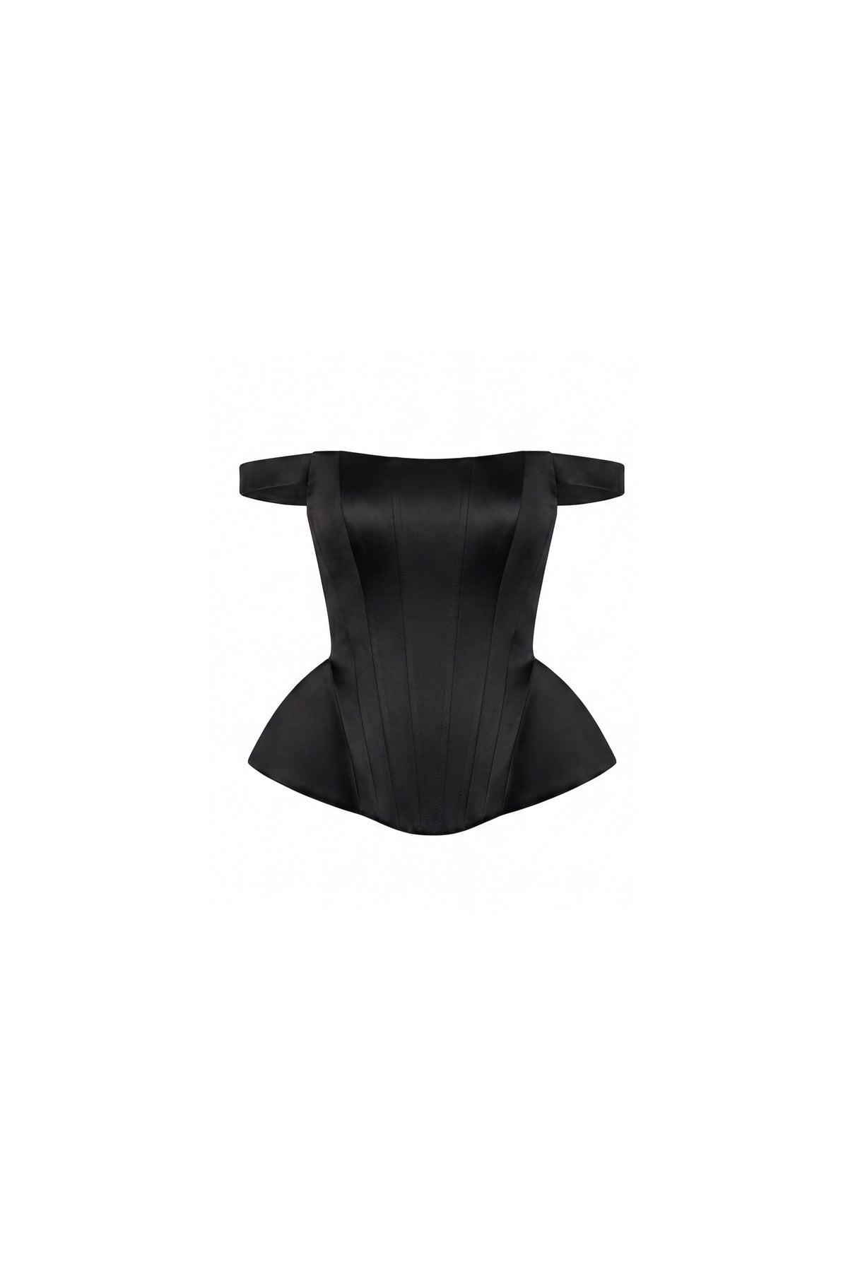 BLACK SATIN CORSET WITH OFF-THE-SHOULDER STRAPS