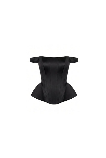 BLACK SATIN CORSET WITH OFF-THE-SHOULDER STRAPS