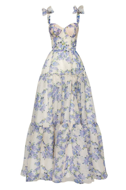 HYDRANGEA TENDER FLORAL MAXI TIE-STRAP DRESS