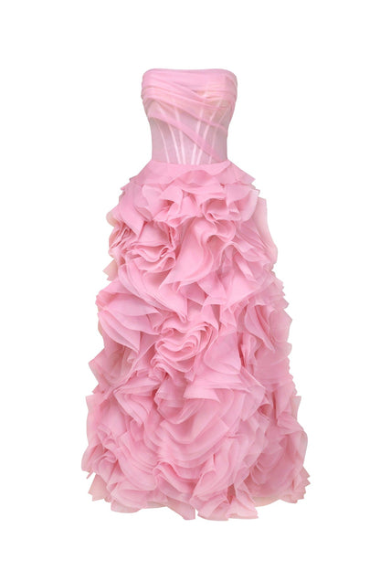 VOLUMINOUS ROSE APPLIQUES PINK MAXI DRESS, GARDEN OF EDEN