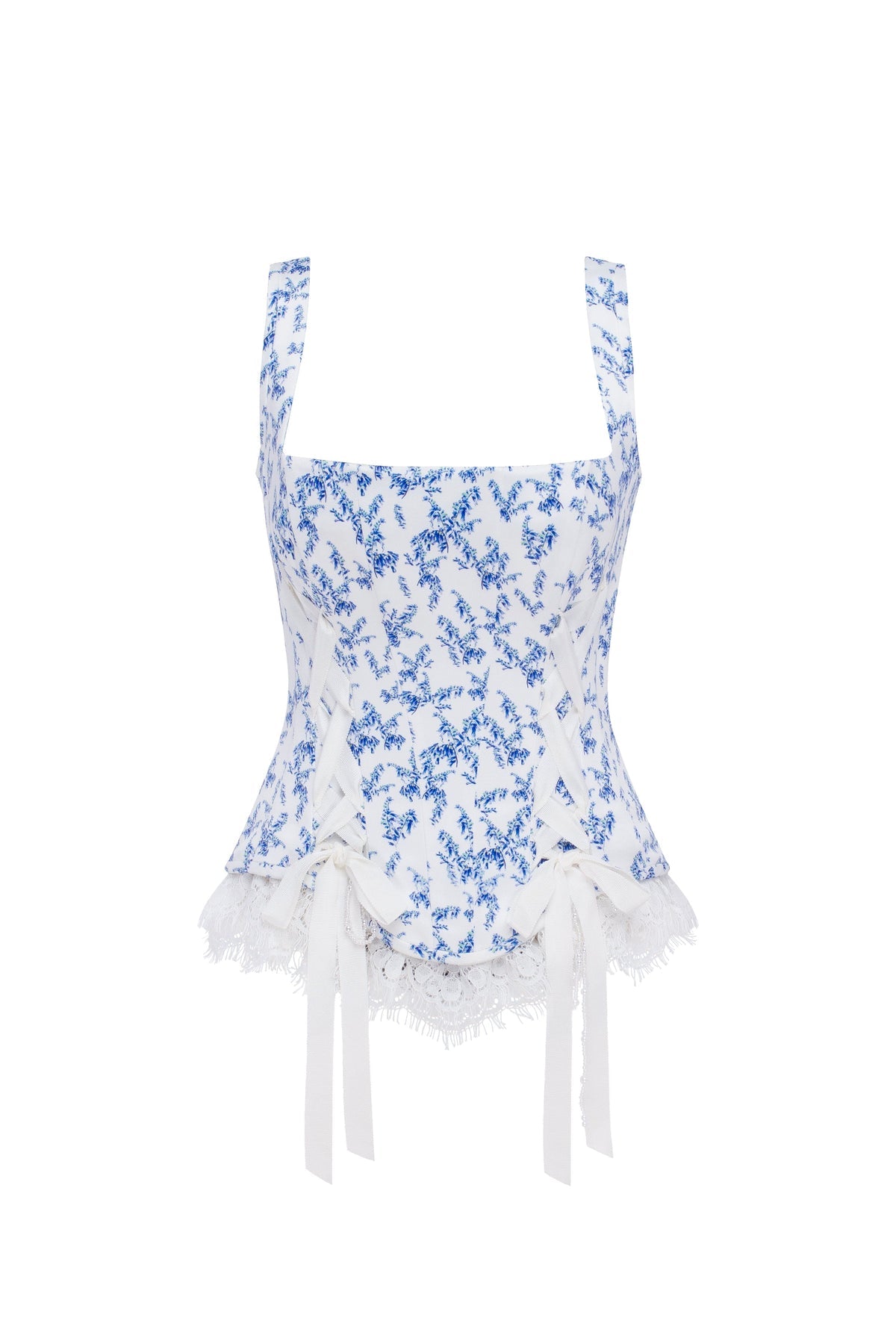 BLUE LAVENDER CORSET ON STRAPS WITH BOWS AND RIBBON LACING