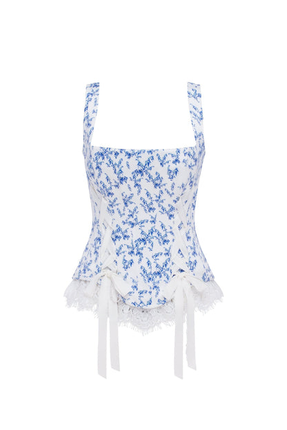 BLUE LAVENDER CORSET ON STRAPS WITH BOWS AND RIBBON LACING