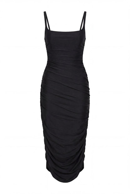 BLACK DRAPED MIDI DRESS