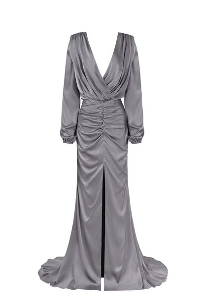 FANCY SILVER SILK MAXI EVENING DRESS