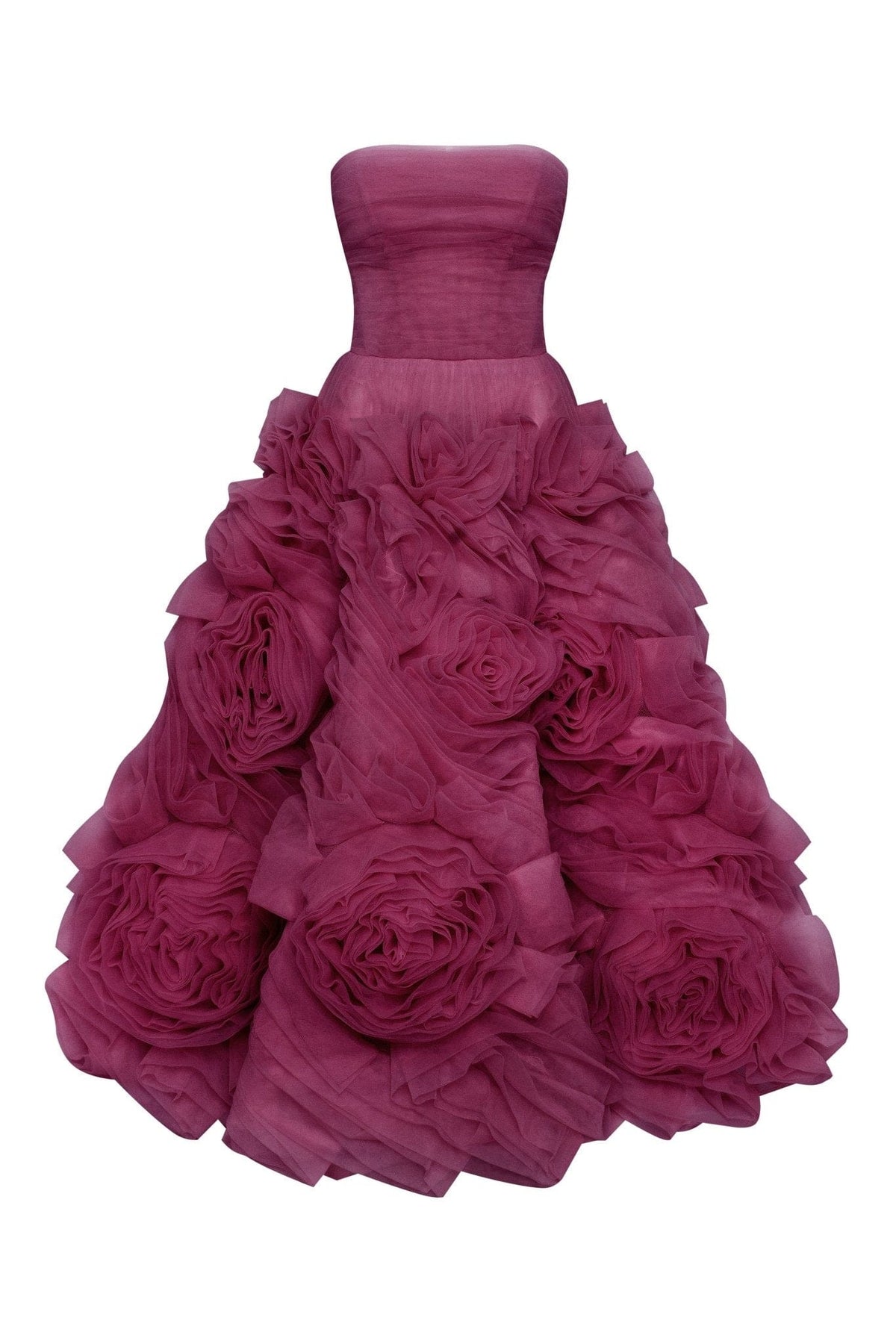 DRAMATICALLY FLOWERED TULLE DRESS IN WINE COLOR