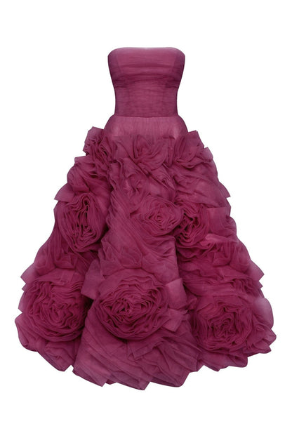 DRAMATICALLY FLOWERED TULLE DRESS IN WINE COLOR