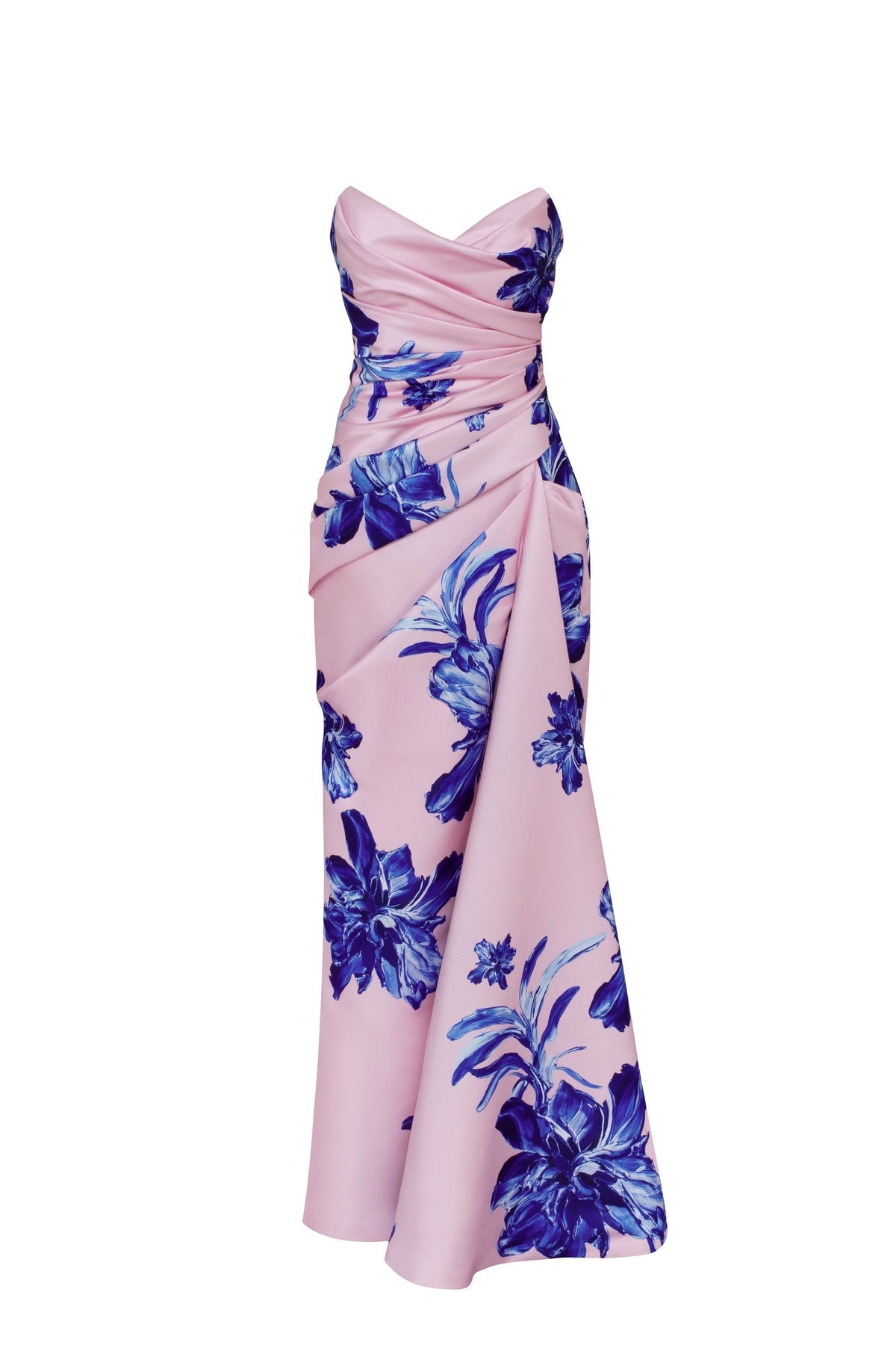 STRAPLESS PINK MAXI DRESS WITH BLUE-FLOWERED PATTERN, GLOW-UP
