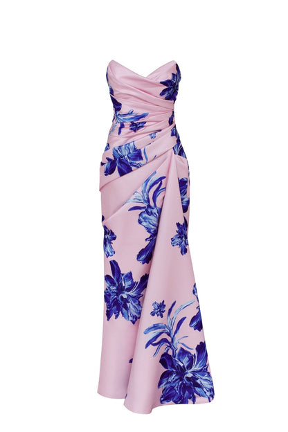 STRAPLESS PINK MAXI DRESS WITH BLUE-FLOWERED PATTERN, GLOW-UP