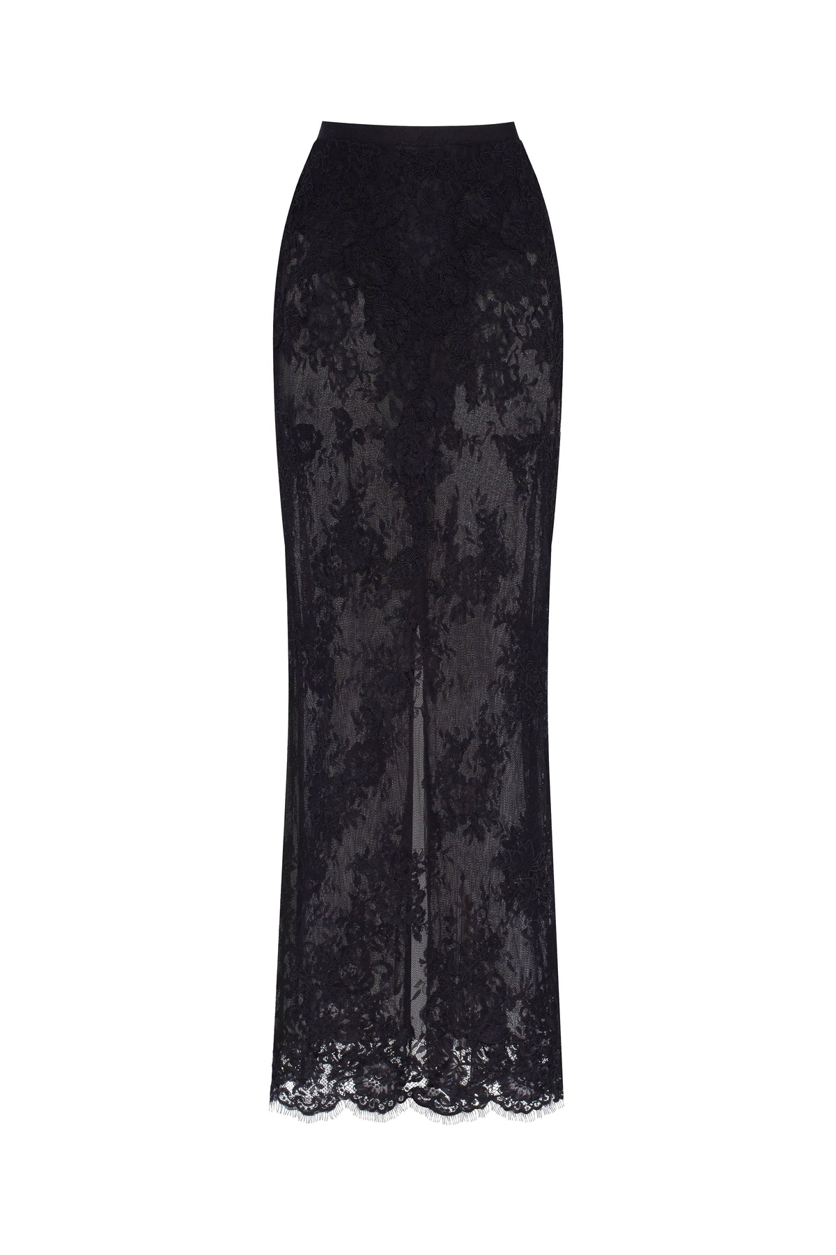 SENSUAL SEMI-SHEER MAXI SKIRT CRAFTED FROM BLACK FLORAL LACE, PARISIENNE
