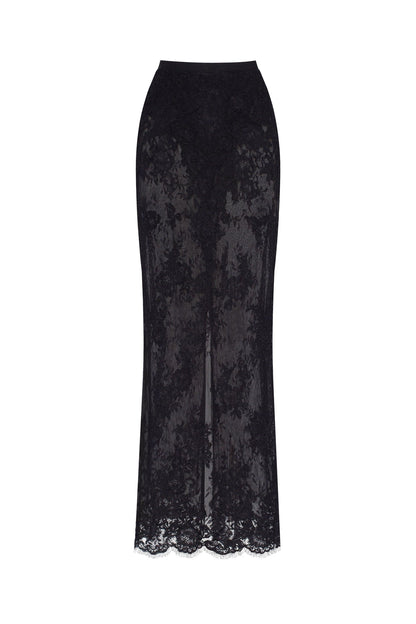 SENSUAL SEMI-SHEER MAXI SKIRT CRAFTED FROM BLACK FLORAL LACE, PARISIENNE