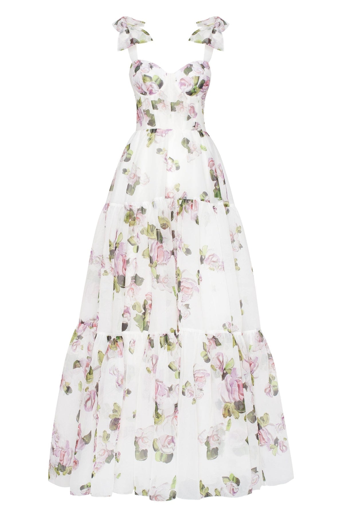 APPLE BLOSSOM TENDER FLORAL MAXI TIE-STRAP DRESS