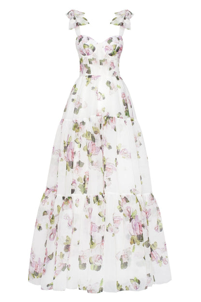 APPLE BLOSSOM TENDER FLORAL MAXI TIE-STRAP DRESS