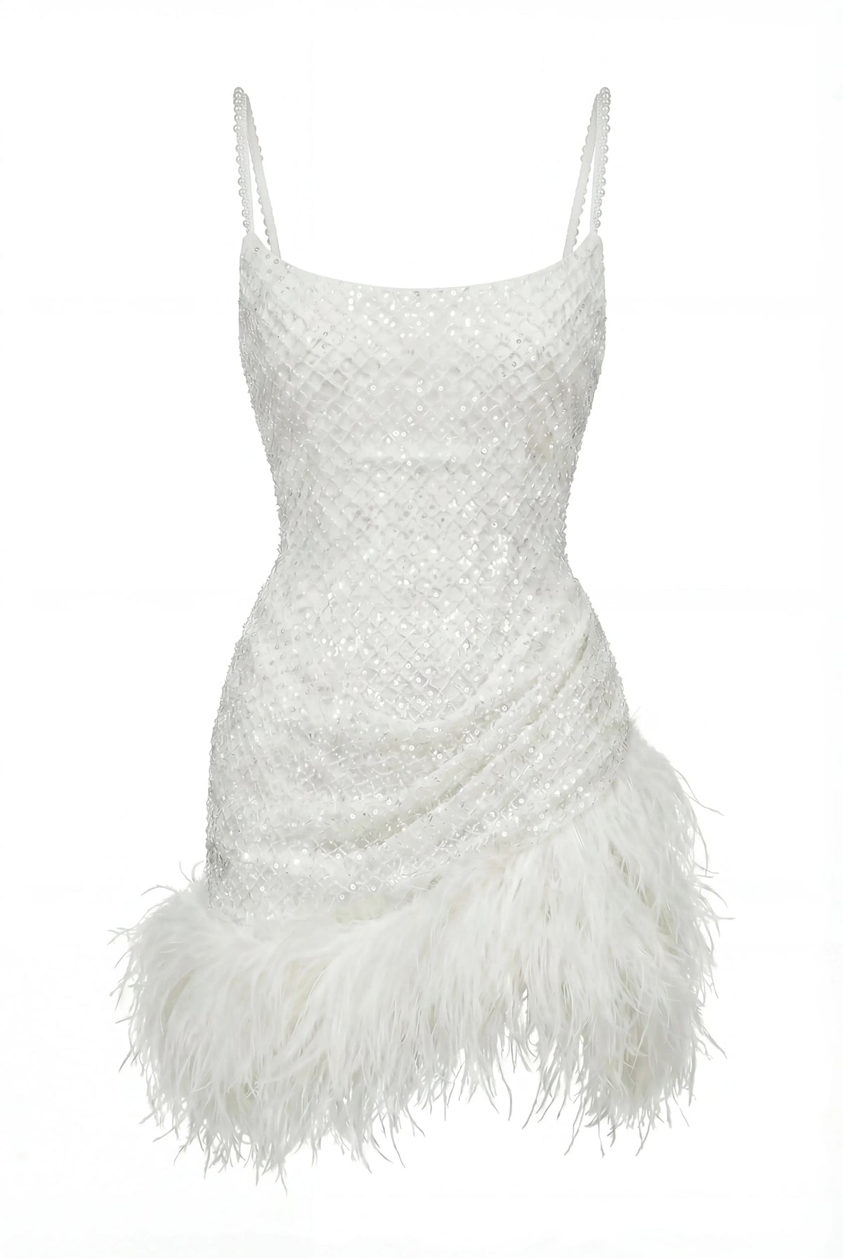 CORSET MINI IVORY DRESS WITH PEARLS AND FEATHERS