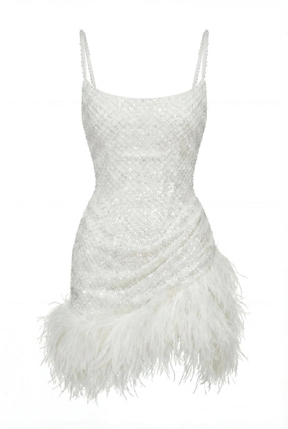 CORSET MINI IVORY DRESS WITH PEARLS AND FEATHERS