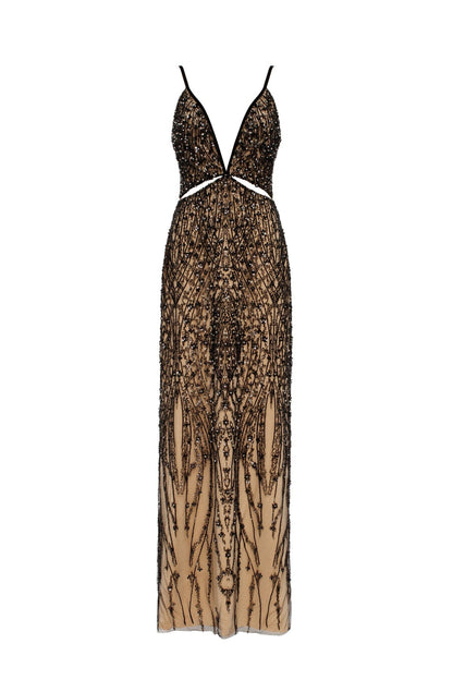GALA-WORTHY BEIGE MAXI DRESS COVERED IN BLACK SEQUINED ORNAMENT, SMOKY QUARTZ