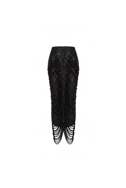 BLACK SEQUIN MIDI SKIRT WITH DRAPING