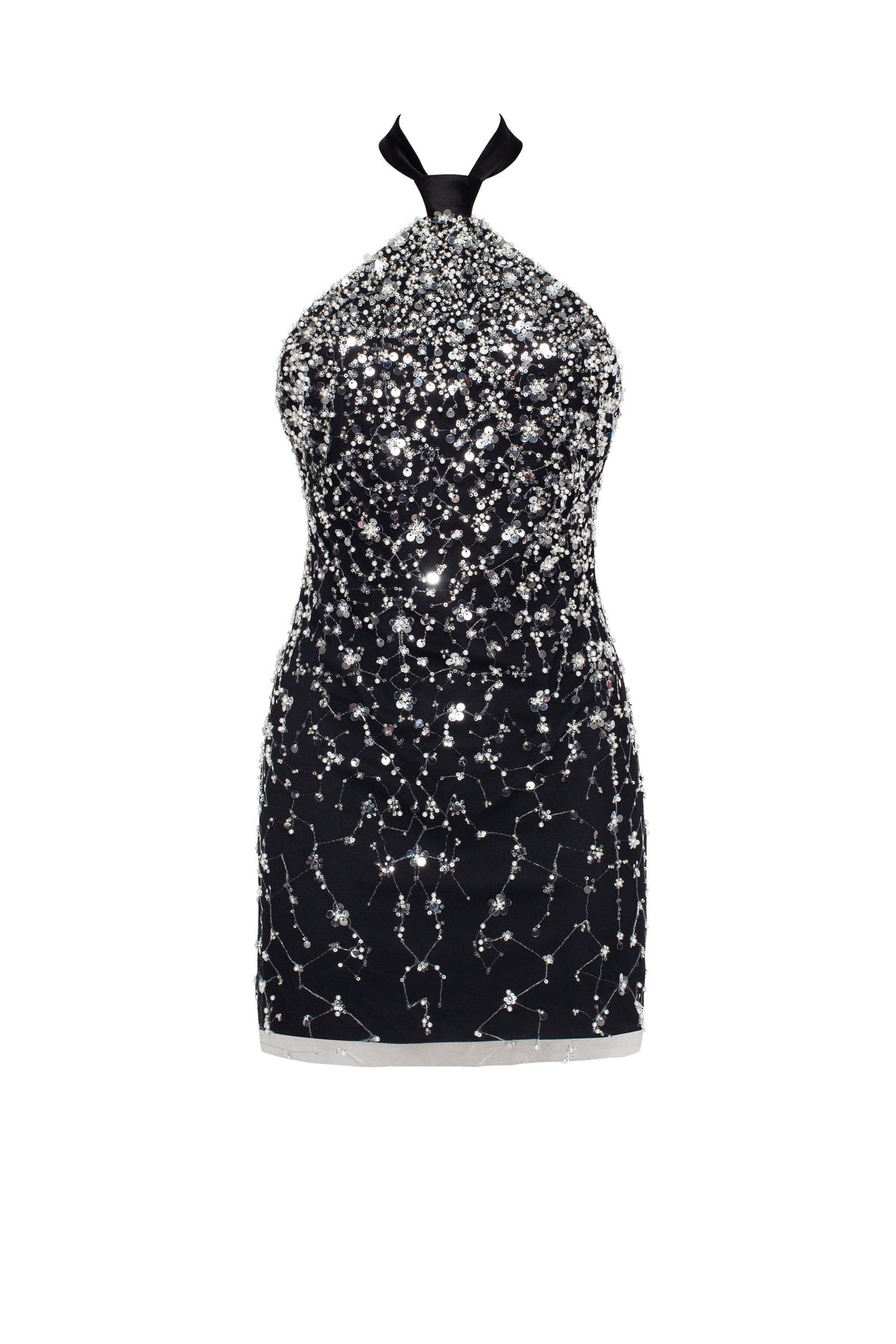 STRIKING HALTERNECK CRYSTAL-EMBELLISHED MINI DRESS, XO XO