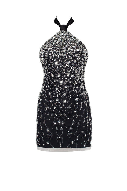 STRIKING HALTERNECK CRYSTAL-EMBELLISHED MINI DRESS, XO XO