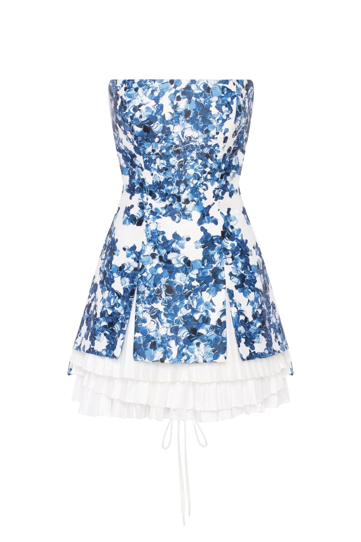 STRAPLESS BLUE HYDRANGEA MINI DRESS WITH ACCENT LACING