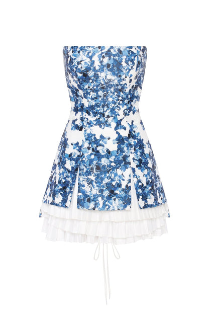 STRAPLESS BLUE HYDRANGEA MINI DRESS WITH ACCENT LACING