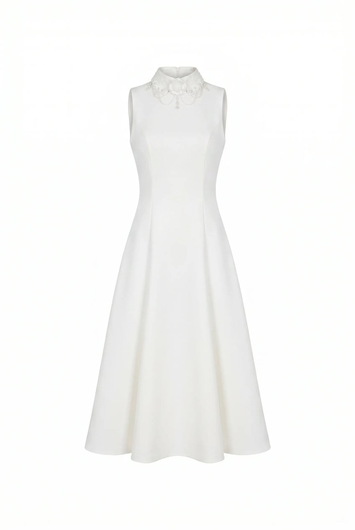ELEGANT WHITE MIDI DRESS WITH A HIGH NECKLINE