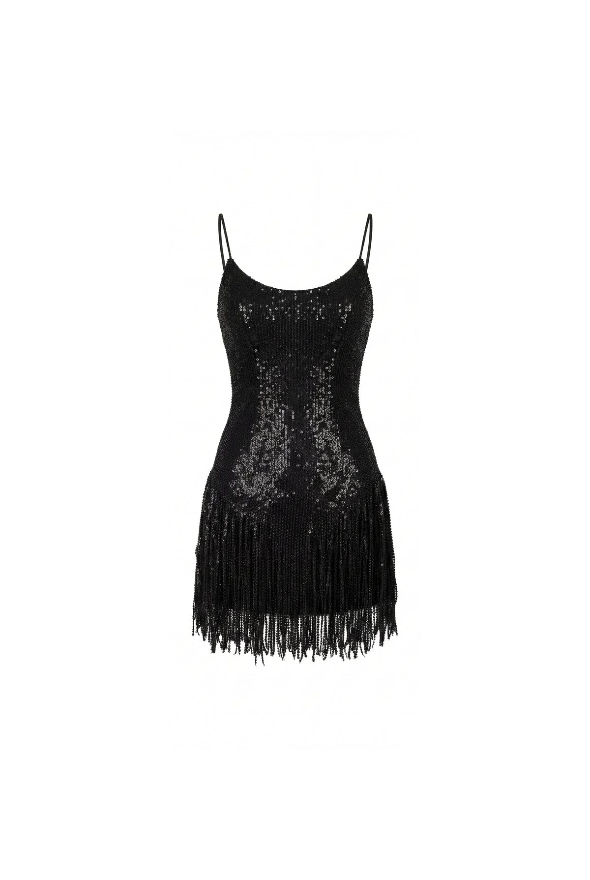 BLACK MINI DRESS WITH FRINGE AND SEQUINS