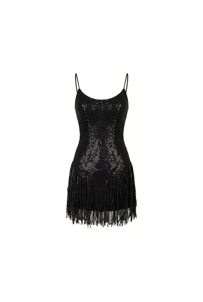BLACK MINI DRESS WITH FRINGE AND SEQUINS