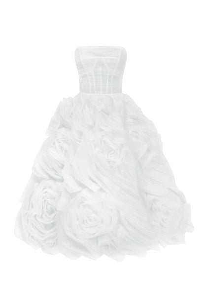 DRAMATICALLY FLOWERED TULLE DRESS IN WHITE