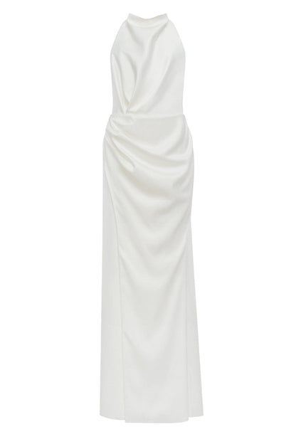 WHITE MOCK NECK SLEEVELESS LOW SLIT DRESS