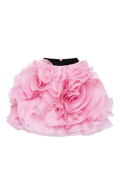 DANCEABLE MINI SKIRT WITH RUCHED FLOWER APPLIQUES IN PINK, MIDNIGHT WALK