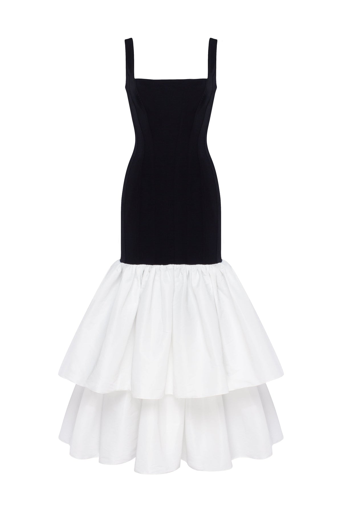 BLACK FITTED MAXI DRESS WITH WHITE PUFFY TIERED SKIRT, PARISIENNE