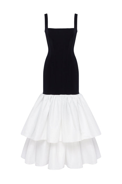 BLACK FITTED MAXI DRESS WITH WHITE PUFFY TIERED SKIRT, PARISIENNE