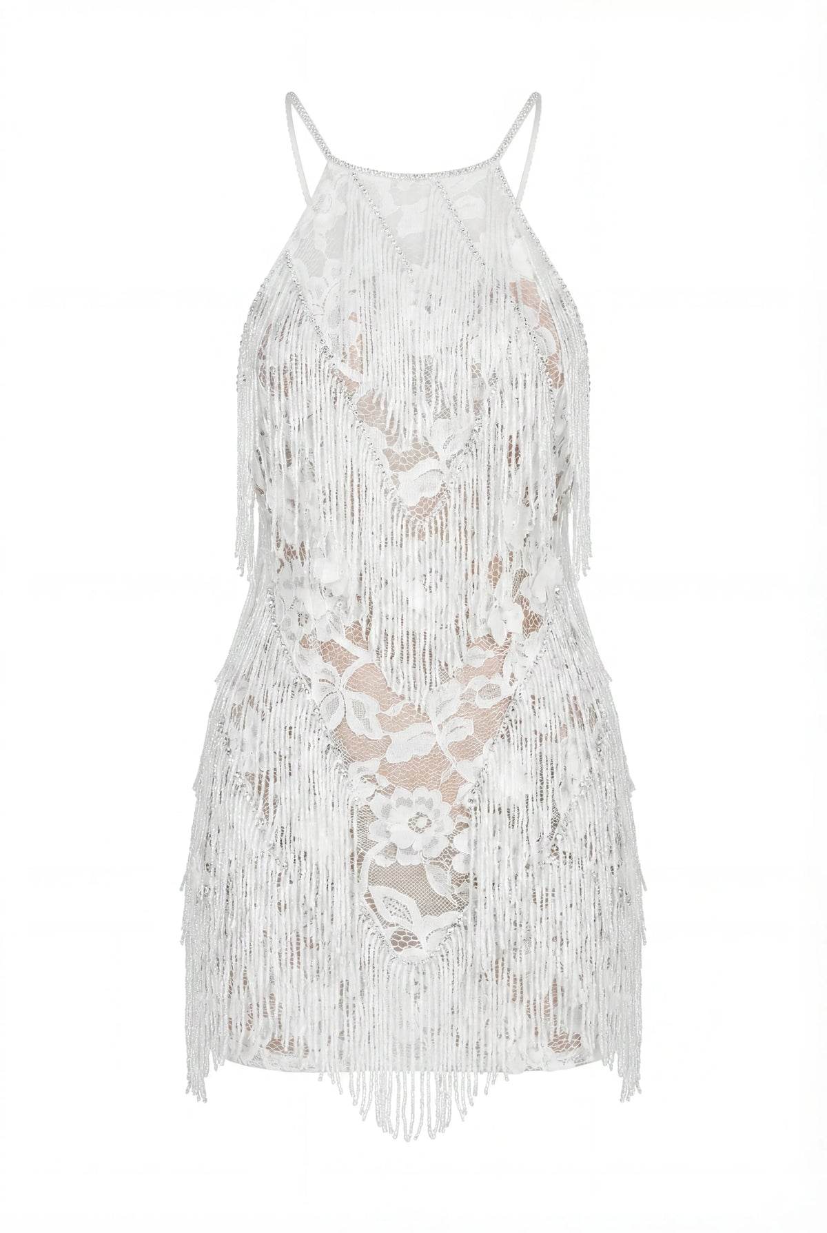 IVORY LACE MINI DRESS WITH BEADED FRINGE