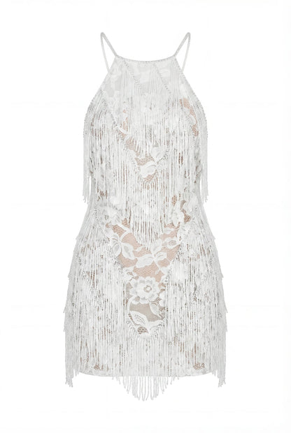 IVORY LACE MINI DRESS WITH BEADED FRINGE