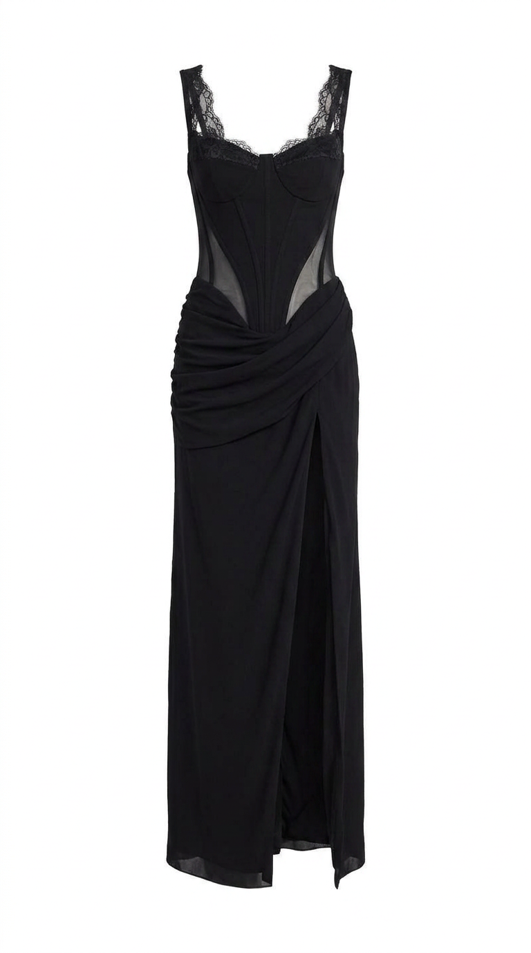 BLACK MAXI DRESS WITH CORSET BODICE AND SLIT
