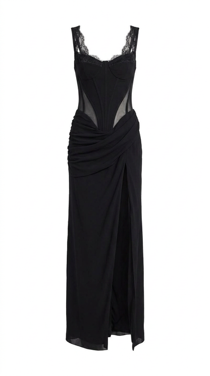 BLACK MAXI DRESS WITH CORSET BODICE AND SLIT