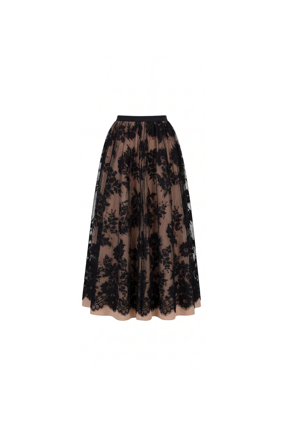 BEIGE A-LINE MIDI SKIRT WITH CHANTILLY LACE
