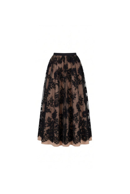 BEIGE A-LINE MIDI SKIRT WITH CHANTILLY LACE