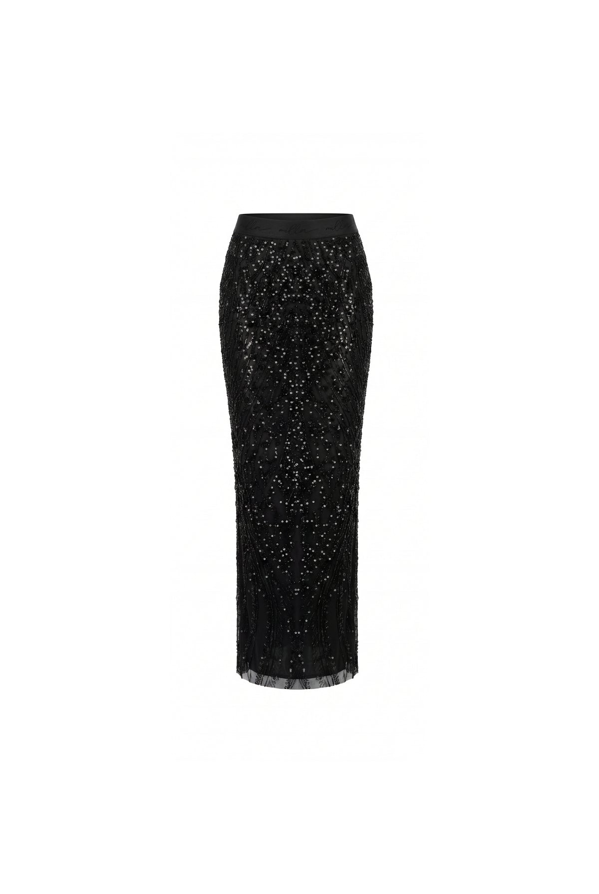 BLACK SEMI-SHEER EMBROIDERED LACE MAXI SKIRT